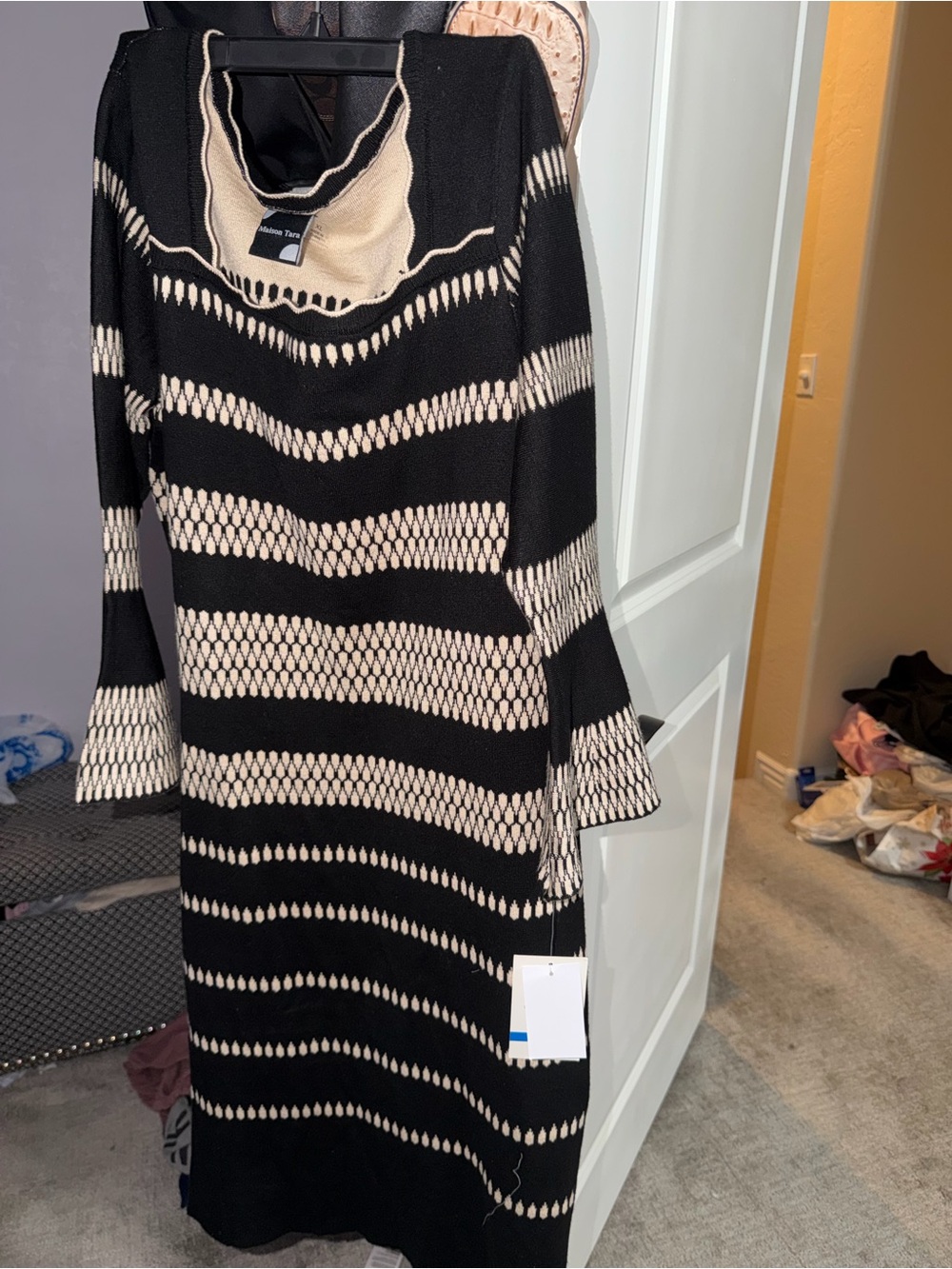 Maison Tara Black and Cream Striped Knit Sweater Dress